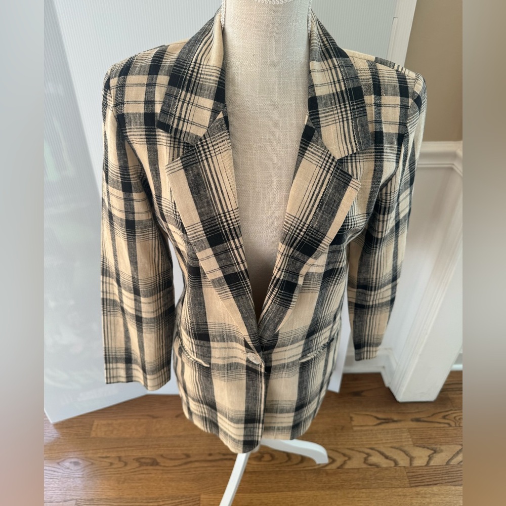 VTG Bedford Fair vintage Linen/cotton size‎ 4 blazer women’s plaid cream/black